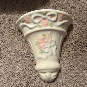 Vintage Ceramic Wall Pocket with Pink Rose Motif